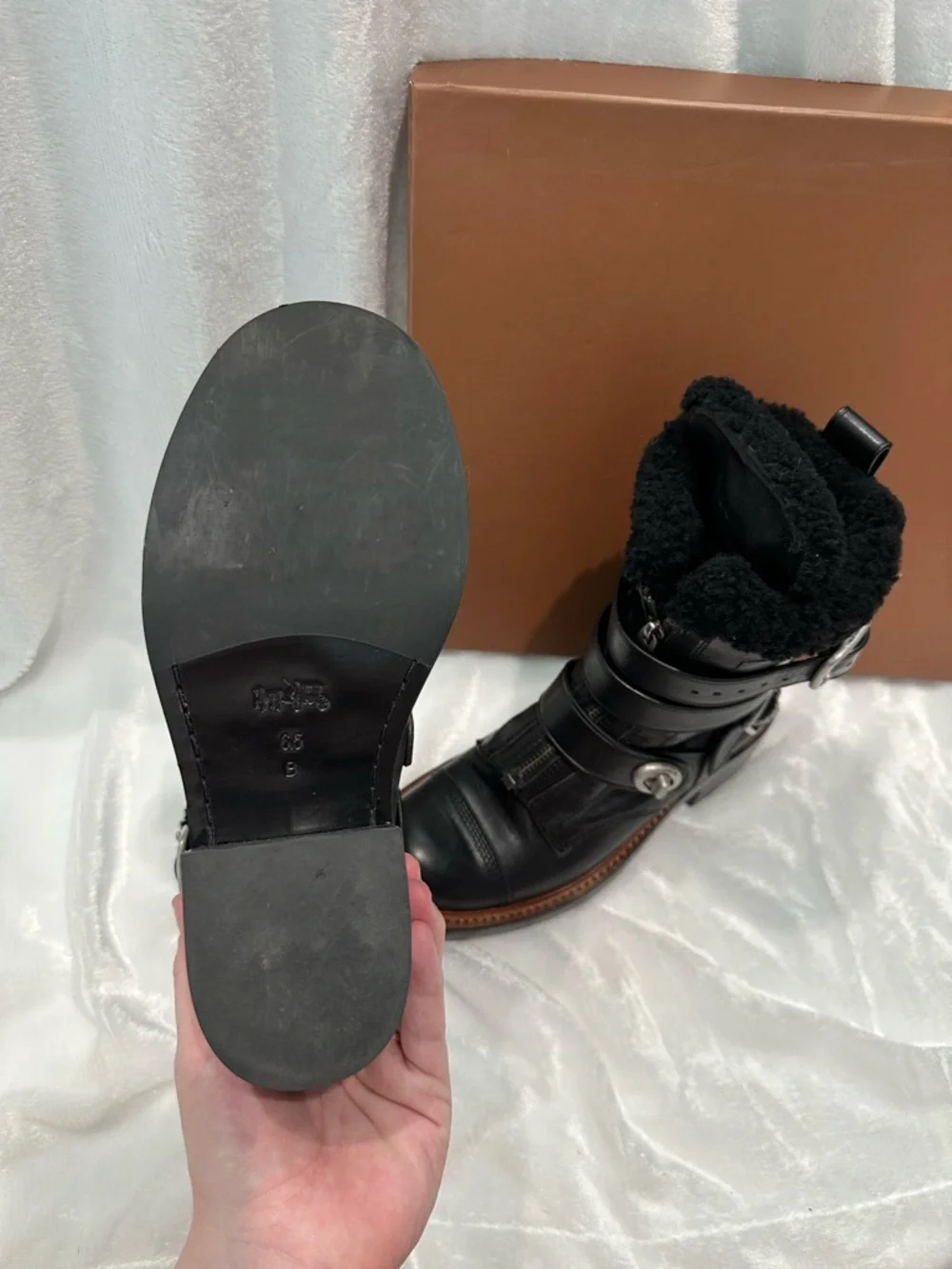 Coach Black Leather Shearling-Trim Buckle Moto Boot - Picture 5 of 6